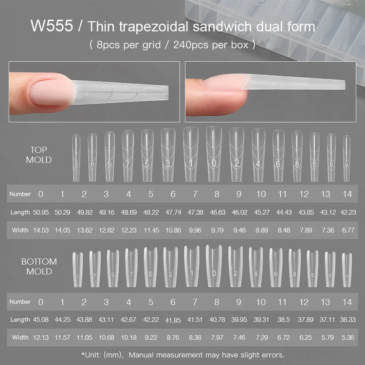 YOKEFELLOW Sandwich Dual Nail Forms 240pcs 15size Extensions-Dual Forms Coffin Almond Nail Forms Top Mold Bottom Mold Nail Extension Tools for Beginners