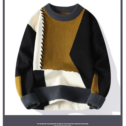 Autumn Winter Warm Mens Knitted Sweaters Fashion Patchwork O Neck Knit Pullovers Korean Streetwear Pullover Casual Mens Clothing
