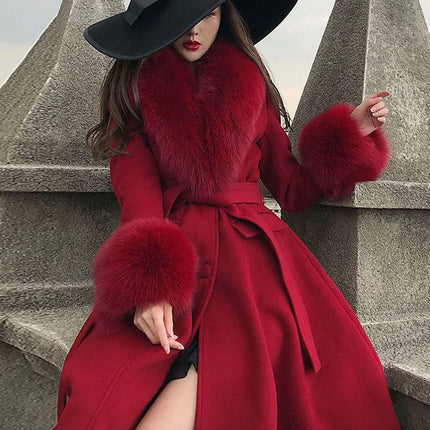 Women Fashion Long Luxury Overcoat Female Winter Coats Fur Collar Warm Elegant Thicken Solid Colo Woolen Jackets Abrigos Mujer