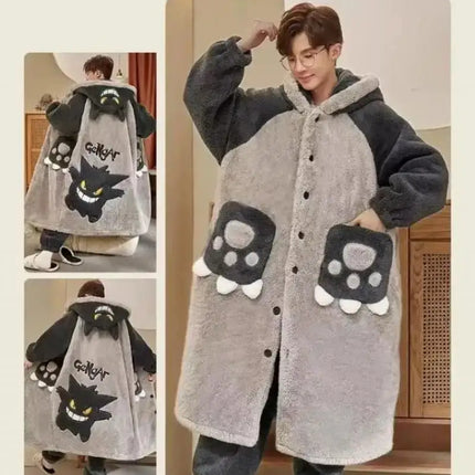 Kawaii Pokemon Pikachu Print Men's Fleece Pajama Set Hooded Robe + Pants Super Soft Winter Loungewear Cute Anime Sleepwear New