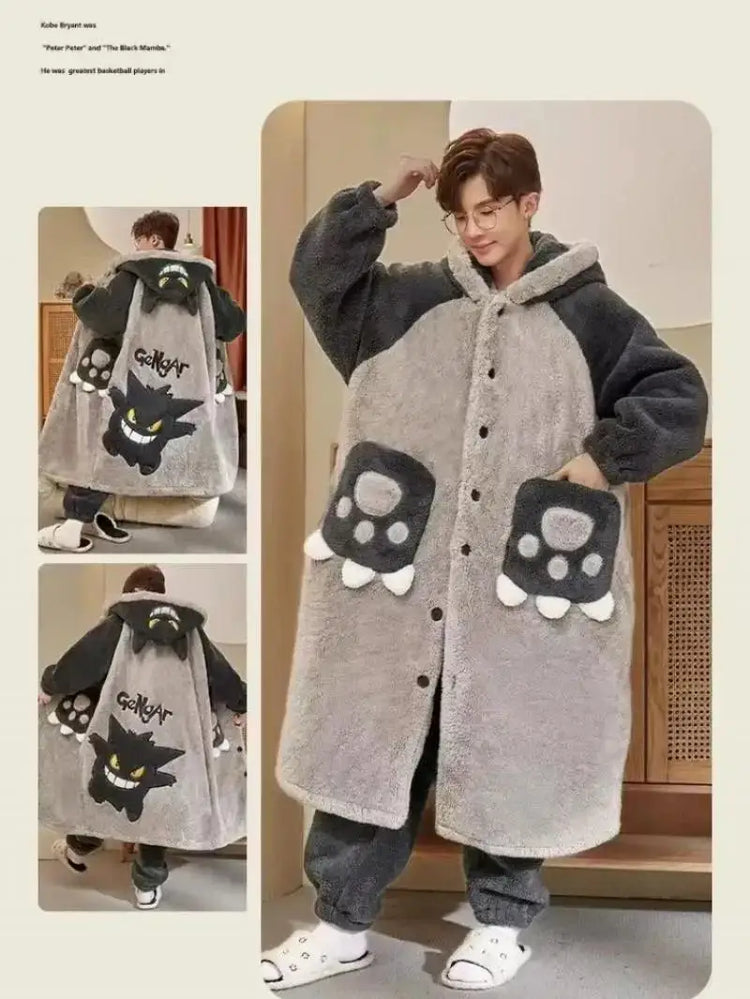 Kawaii Pokemon Pikachu Print Men's Fleece Pajama Set Hooded Robe + Pants Super Soft Winter Loungewear Cute Anime Sleepwear New