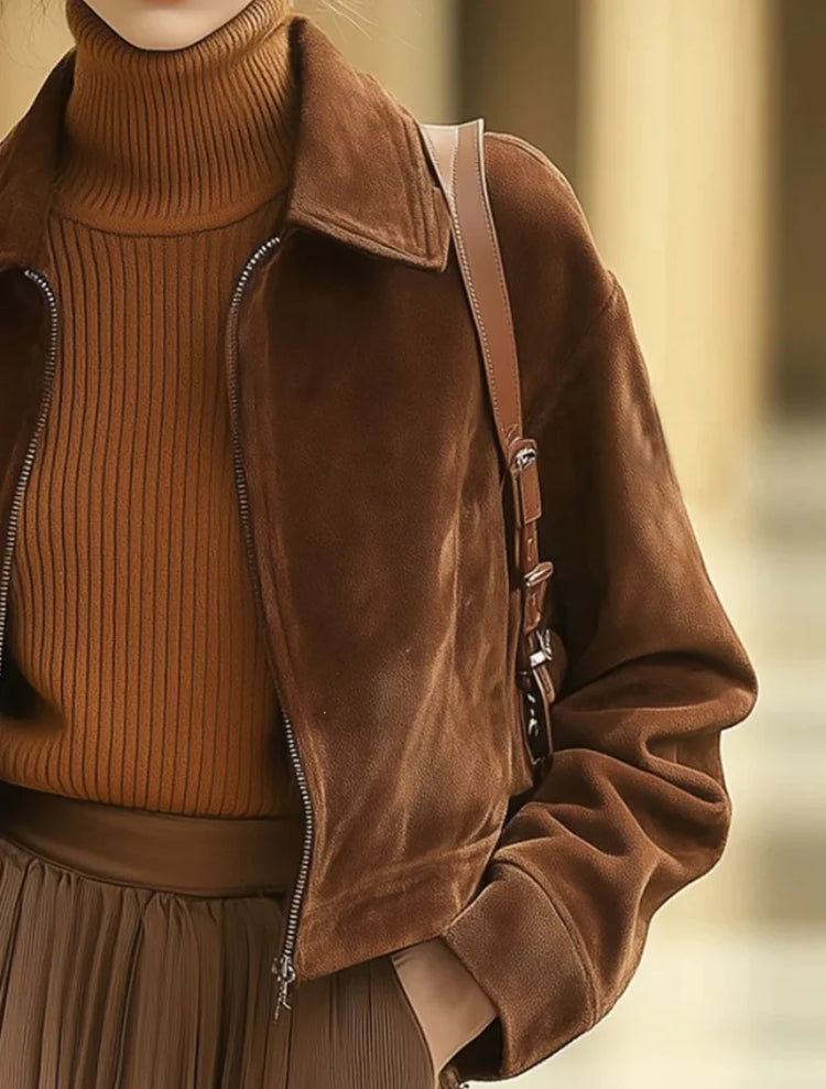 Autumn and winter short suede jacket women's vintage leather down lapel slim jacket jacket women's