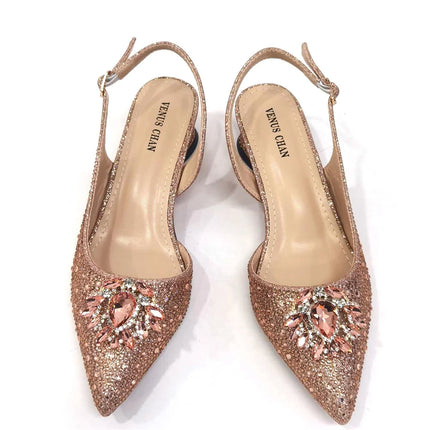 Venus Chan Royal Blue Sandals for Women 2024 Luxury Wedding Pumps Med Heels strass Design Party Shoes and Bags Set