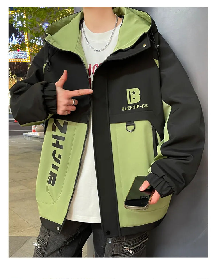 Fashion 2026 Spring Autumn Men's Hooded Casual Jacket Outdoor Windproof Loose Technical Coat Youth Streetwear Top Parka Clothing