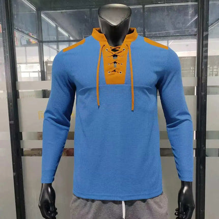 Cross-border new men's waffle color matching strap V-neck top casual long-sleeved bottoming T-shirt PlatiNum