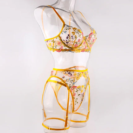 Krasapt Sexy Lace Embroidery 3-Piece Sets Transparent Sensual Fancy Beautiful Bra Brief Set Attractive Intimate Bilizna Outfits