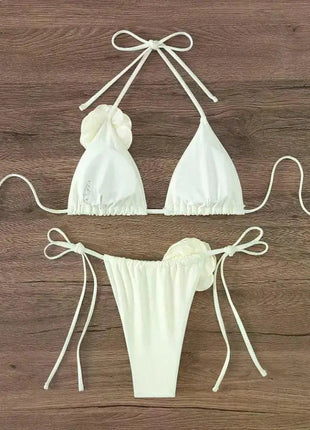 Bikini Sexy con Fiori 3D e Lacci Sulla Schiena, Costume da Bagno Femminile Due Pezzi, Set Bikini, Abbigliamento da Spiaggia, Taglie S-L PlatiNum