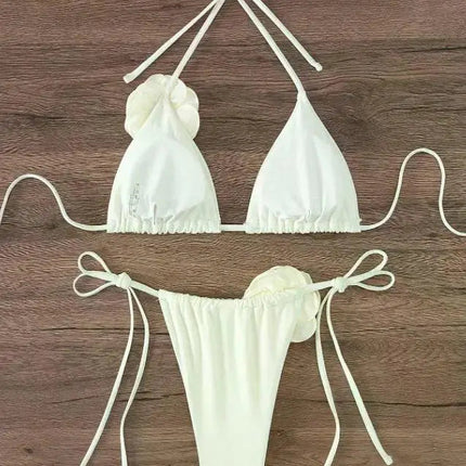 Bikini Sexy con Fiori 3D e Lacci Sulla Schiena, Costume da Bagno Femminile Due Pezzi, Set Bikini, Abbigliamento da Spiaggia, Taglie S-L PlatiNum