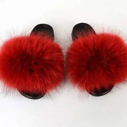 Real Raccoon Fur Slippers for Women 2023 Summer Fluffy Indoor Home Fuzzy Flat Slides Outdoor Fashion Beach Sandals Flip Flops