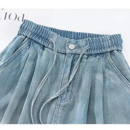 Estate di Lusso Morbido Accogliente 100% Tessuto Lyocell Donna Jeans Allentati Gamba Larga Elastico in Vita Pantaloni Moda Casual Più Lunghezza