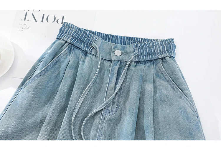 Estate di Lusso Morbido Accogliente 100% Tessuto Lyocell Donna Jeans Allentati Gamba Larga Elastico in Vita Pantaloni Moda Casual Più Lunghezza