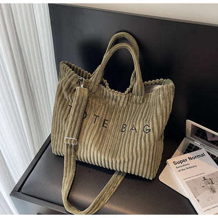 Large Capacity Striped Velvet Handbag Shoulder Bag for Woman Handbags Crossbody Bags, Versatile Letter Corduroy Women's Tote Bag PlatiNum