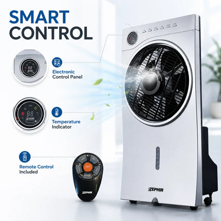 Ventilatore Evaporativo ZEPHIR 90W con Nebulizzatore, Serbatoio da 2,5L, 3 Velocità, Telecomando, Raffrescatore d'Aria