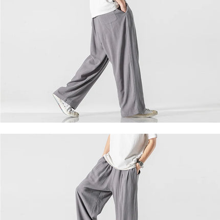Pantaloni da uomo in cotone e lino, comodi, traspiranti, con elastico in vita, pantaloni da uomo in tinta unita, casual, stile Harajuku, pantaloni larghi a gamba dritta