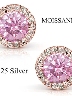 100% moissanite 925 Sterling Silver 6.5mm halo stud earring rose gold  Ear  Jewelry with GRA  pink m