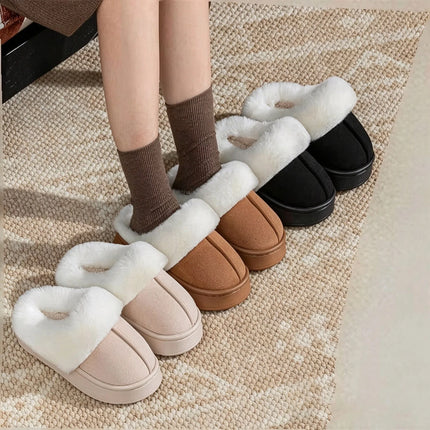 Winter Soft Fluffy Thick Soled Warm Slippers Women's Comfortable Living Room Fuzzy Lined Shoes Faux Suede Home Pantuflas Mujer