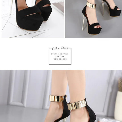2026 Fashion Designer Metal Ankle Strap Women 16CM Heels Platform Sandals Shoes Female High Heels Sexy Party Dance Ladies Shoes PlatiNum