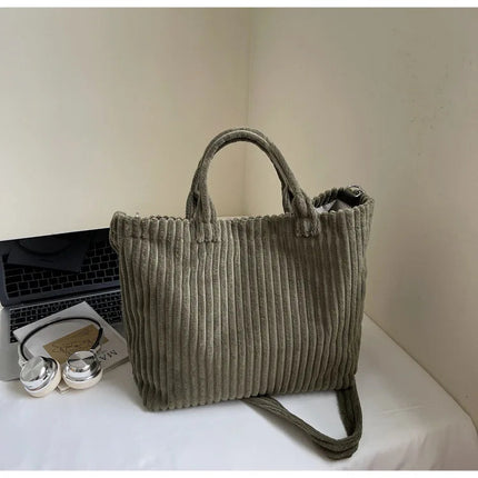 Large Capacity Striped Velvet Handbag Shoulder Bag for Woman Handbags Crossbody Bags, Versatile Letter Corduroy Women's Tote Bag PlatiNum