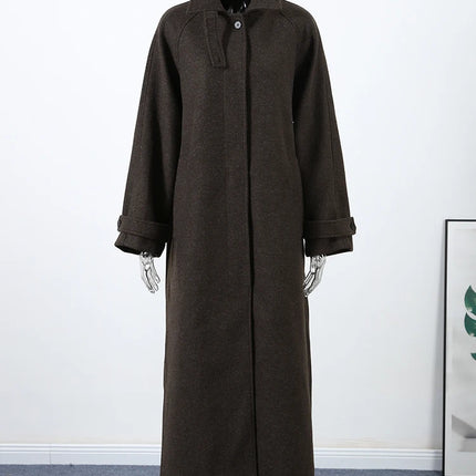 Women's Long Woolen Overcoats Stand Collar Single Breasted Lace Up Oversized Coat Autumn Winter Female Loose New Chic Outerwears