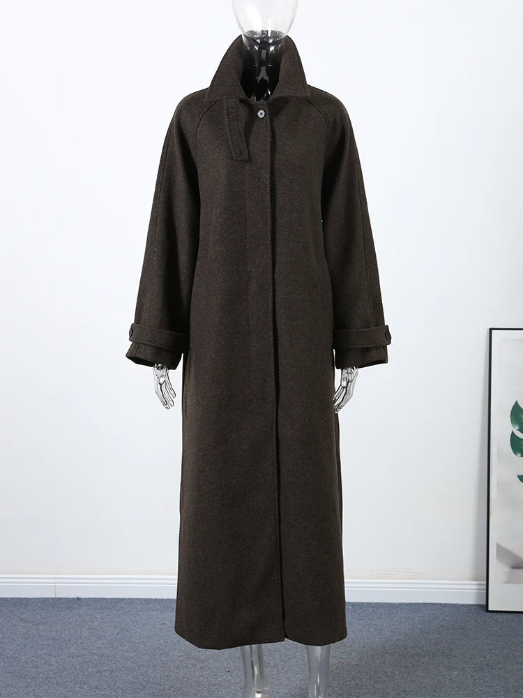 Women's Long Woolen Overcoats Stand Collar Single Breasted Lace Up Oversized Coat Autumn Winter Female Loose New Chic Outerwears