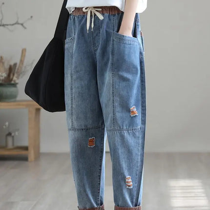 Jeans Strappati a Nove Punti da Donna, Nuovi Pantaloni Harem Casual Sottili con Vita Elastica, Lunghi alla Caviglia, in Denim, per l'Estate 2026