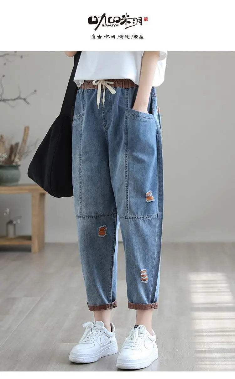 Jeans Strappati a Nove Punti da Donna, Nuovi Pantaloni Harem Casual Sottili con Vita Elastica, Lunghi alla Caviglia, in Denim, per l'Estate 2026