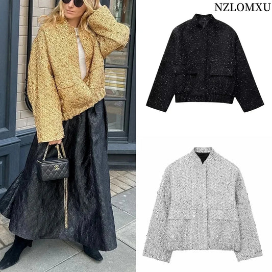 Women's Gold Sequin Pilot Jacket Round Collar Long Sleeve Pocket Stretch Jacket Street Fashion Casual Loose Workwear Jacket