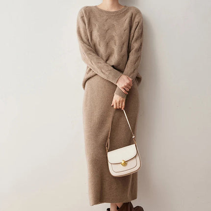 Women's 100% Cashmere Skirts Office Lady Autumn Winter Basic Fit Knitted High Waist Straight Skirt Graceful Long Warm Soft Dress PlatiNum