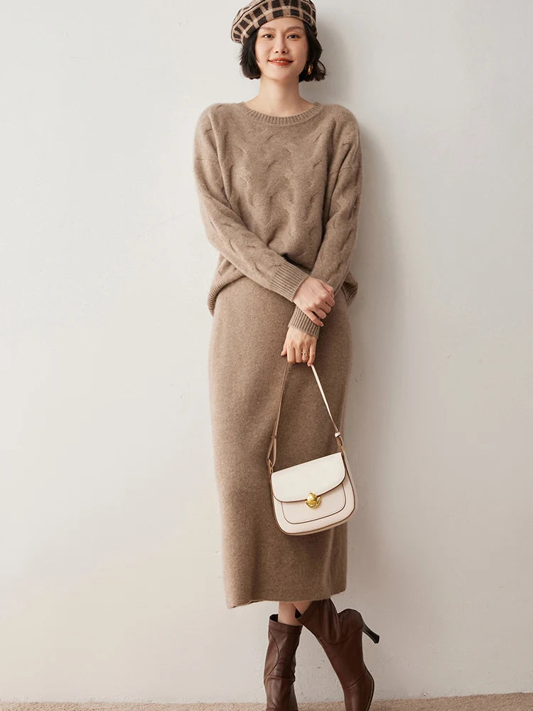 Women's 100% Cashmere Skirts Office Lady Autumn Winter Basic Fit Knitted High Waist Straight Skirt Graceful Long Warm Soft Dress PlatiNum