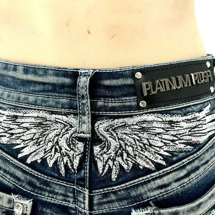 Women Rider Motorcycle Wing Rivet Embroidery Shorts Y2k Vintage Gothic Hot Girl Sexy Washed Denim Shorts Low Waist Mini Skirts PlatiNum