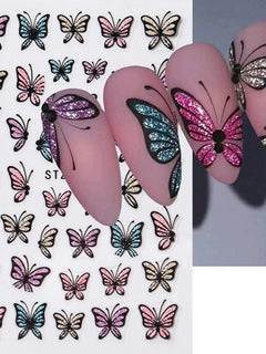 Glitter Butterfly Nail Stickers Decals Charm 3D Shiny Blue Pink Design Self Adhesive Sliders Nail Art Foils Manicure Decorations