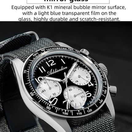 ADDIESDIVE Men's Chronograph Quartz Watch 37mm Bubble Glass 100m Waterproof Watches Ceramic Bezel BGW9 Luminous Sport Wristwatch