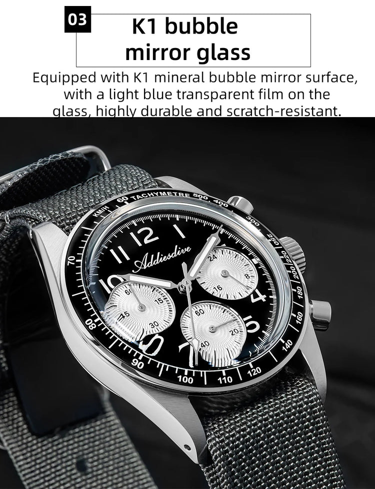 ADDIESDIVE Men's Chronograph Quartz Watch 37mm Bubble Glass 100m Waterproof Watches Ceramic Bezel BGW9 Luminous Sport Wristwatch