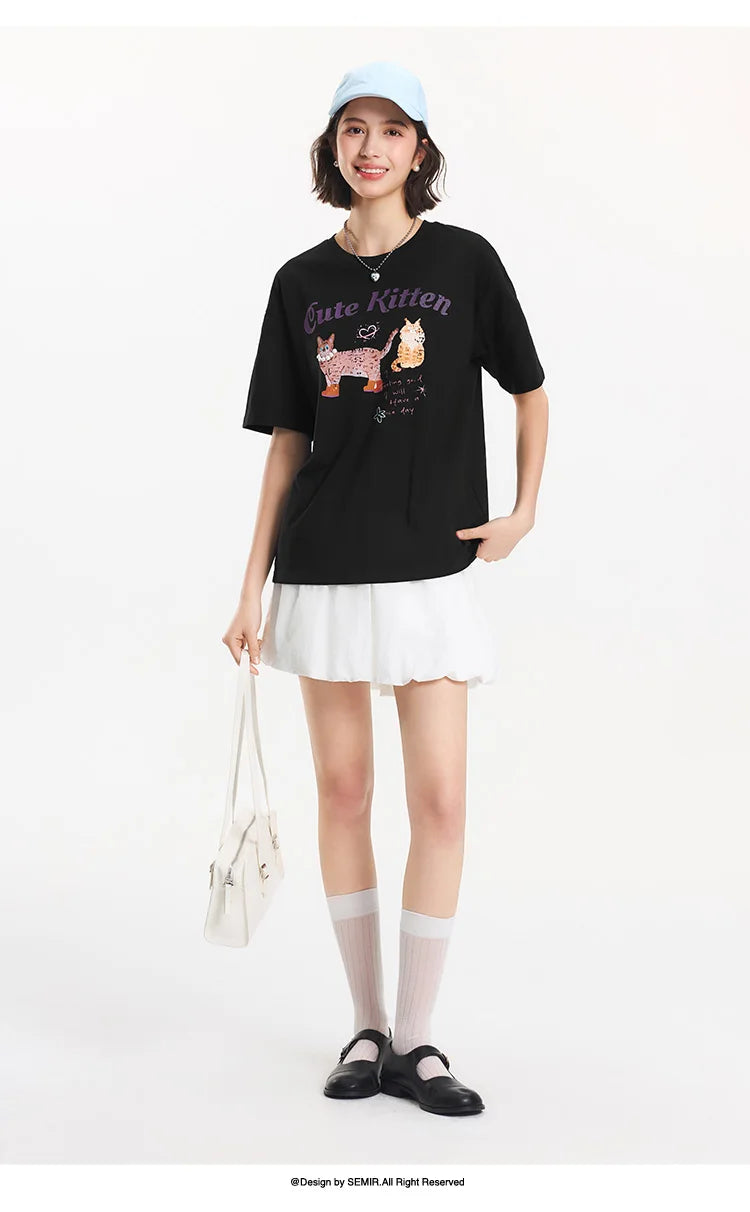 T-shirt a maniche corte Semir da donna, lunghezza media, fantasia carina, stile retrò, nuova collezione estiva 2025, top ampio traspirante, stile di nicchia