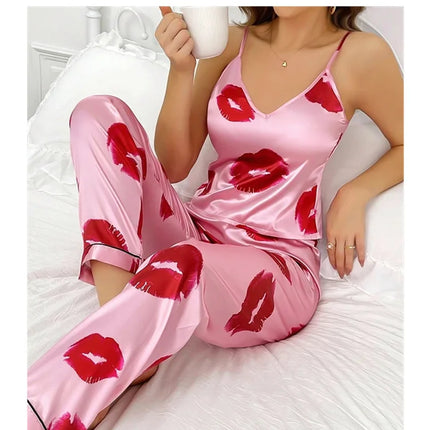 Pigiama da donna in raso con stampa labbra Top Cami con scollo a v e pantaloni elastici per le donne pigiama comodo sonno e abbigliamento da casa