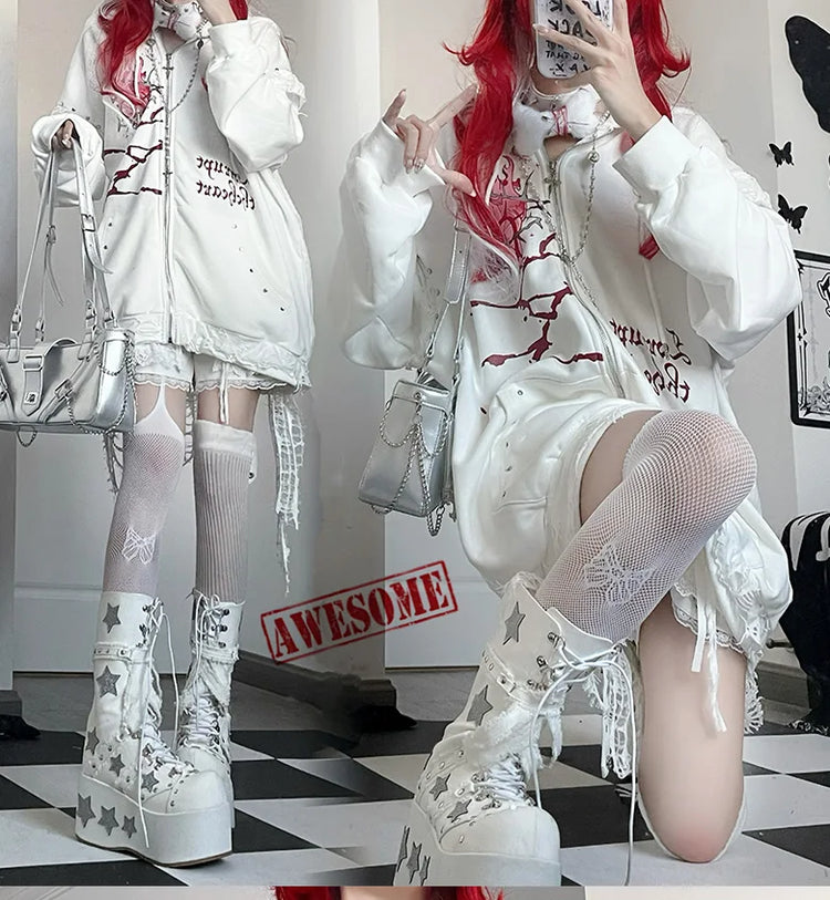Original Print Subculture Dark Loose Cat Ear Distressed Hooded Sweatshirt Jacket Zip Up Hoodie Oversized Hoodie