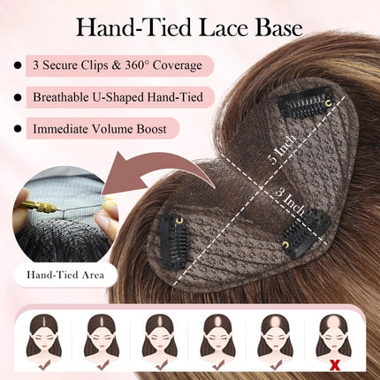 Brown Real Human Hair Toppers with Air Bangs 8inch Hairs Topper Hand-Tied Lace Base 360° Coverage for Women with Thinning Hair