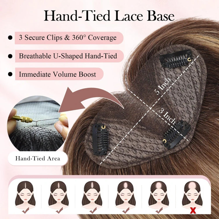 Brown Real Human Hair Toppers with Air Bangs 8inch Hairs Topper Hand-Tied Lace Base 360° Coverage for Women with Thinning Hair