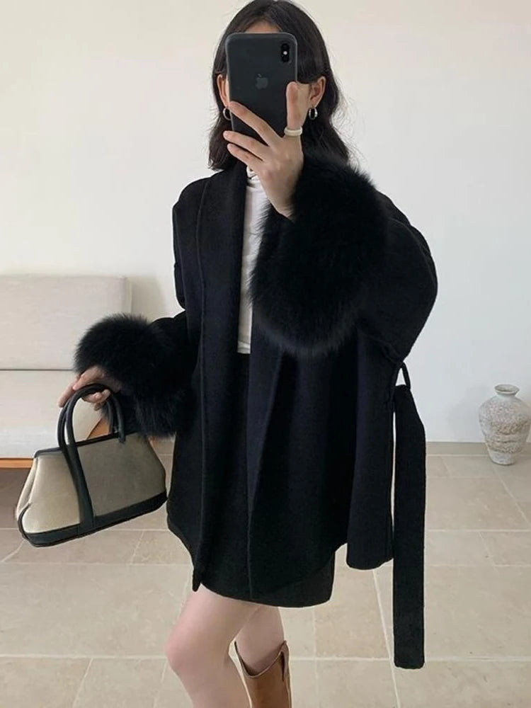 Faux Grey Elegant Casual Winter Belted Mid-Length Overcoat Women's Fashion Outerwear Warm Coat 2025 Fashion Cardigan Jacket