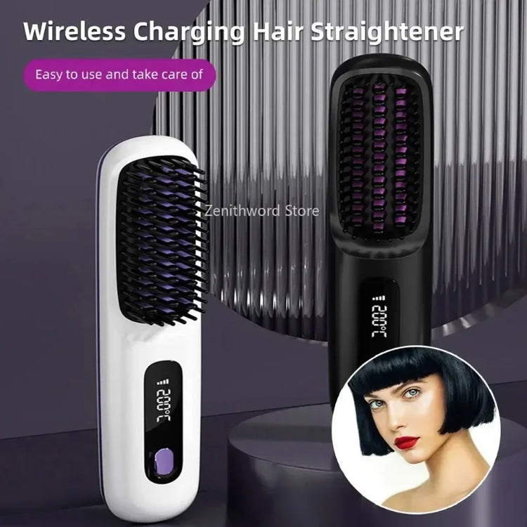 Electric Lcd USB Ceramic Heated Straight Hair Comb, Wireless Portable Negative Ion Styling Tool, Rechargeable Straightening Brush