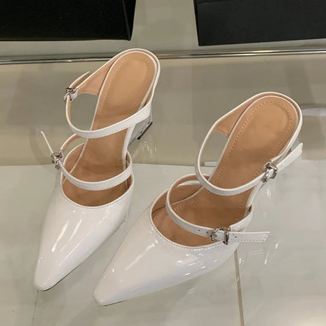Liyke New Fashion Transparent Wedge Slippers Women Pumps Patent Leather Pointed Toe Buckle Strap Designer High Heels Mules Shoes PlatiNum