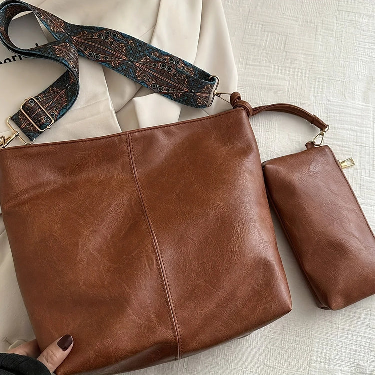 Borsa tote in morbida PU a 2 pezzi, grande capacità, stile bohémien, con tracolla larga, borsa a spalla e a mano, regalo di compleanno ideale