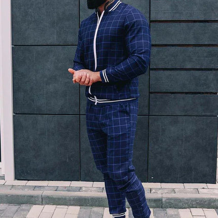 2025 Men Tracksuit 2pc Set Gym Hiking Plaid Zipper Hoodie Cargo Pants Autumn Athleisure Outfit Fleece Jogger Sportswear PlatiNum