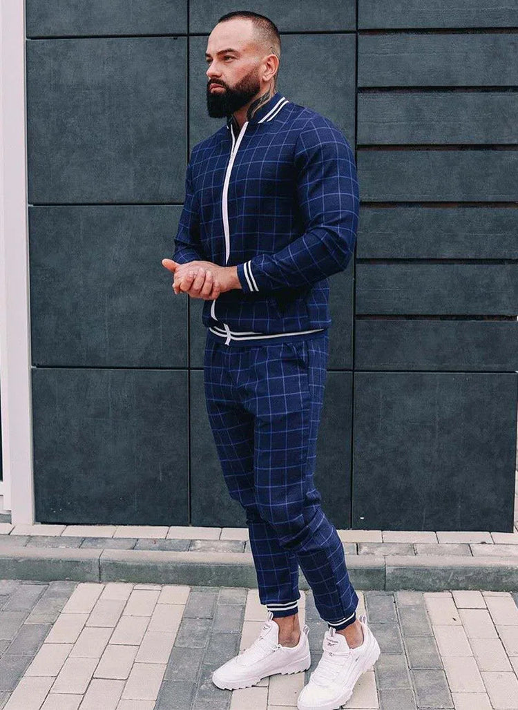 2025 Men Tracksuit 2pc Set Gym Hiking Plaid Zipper Hoodie Cargo Pants Autumn Athleisure Outfit Fleece Jogger Sportswear PlatiNum