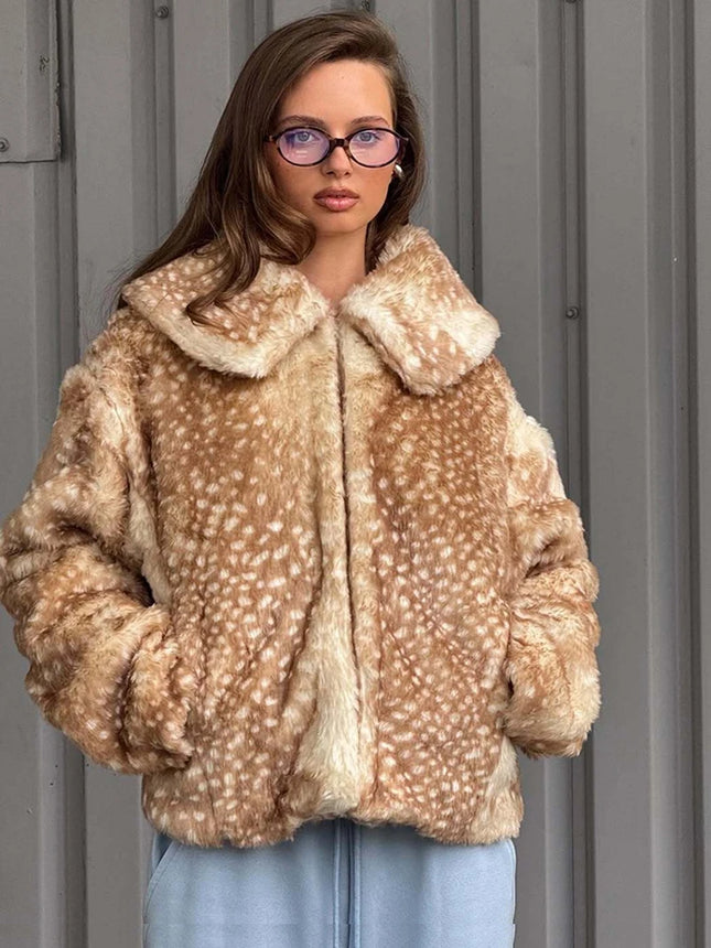 ZADORIN New Chic Deer-print Faux Fur Jackets Elegant Lapel Loose-fit Fluffy Faux Fur Coat Woman Plush Fur Coats Winter Outerwear