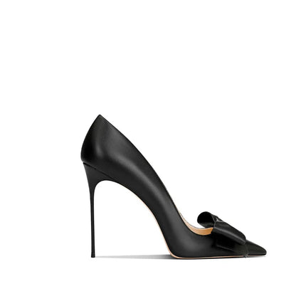 Eleganti scarpe con tacco a spillo a punta con fiocco beige da donna in vera pelle 2025 autunno