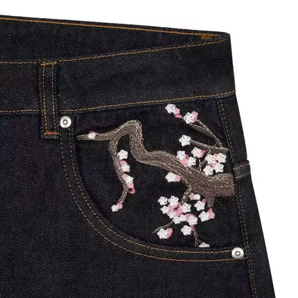 Casual suit retro low waist hip hop cherry blossom embroidered jeans wide leg pants y2k clothing mens embroidered loose jeans PlatiNum
