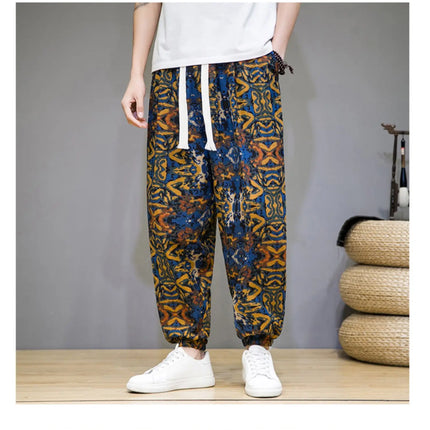 Pantaloni Primavera-Estate da Uomo in Stile Cinese, Sottili e Traspiranti in Cotone e Lino, con Vita Elastica, Pantaloni Harem Stampati Casual e Comodi