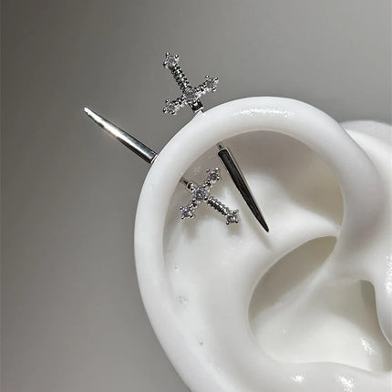 New Fashion Love Wings Cross Acciaio inossidabile Osso dell'orecchio Chiodo Zircone lucido Orecchino con filo alla moda per le donne Accessorio per piercing al corpo platinumshop