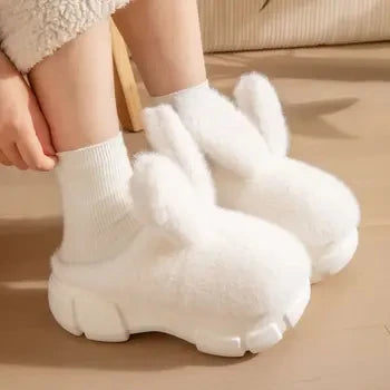 Novelty Cartoon Rabbit Slippers For Women Upright Ear Bunny Fluffy Plush Mules Woman Warm Full Back Home Slippers Winter Shoes